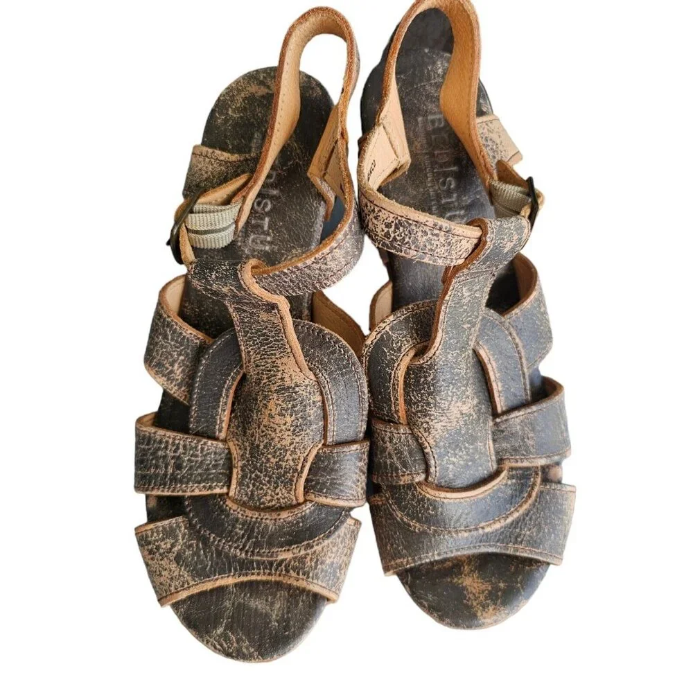 Bed Stu Size 8.5 Caitlin Platform Wood‎ Heels Brown Distressed Leather S…